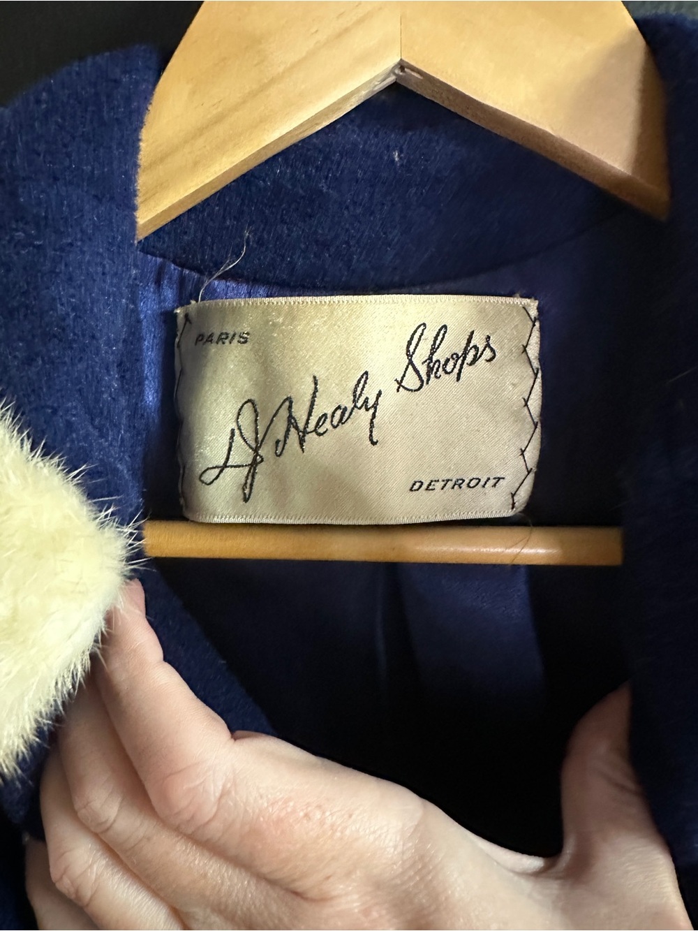 Women's Navy Wool Coat with Cream Collar
